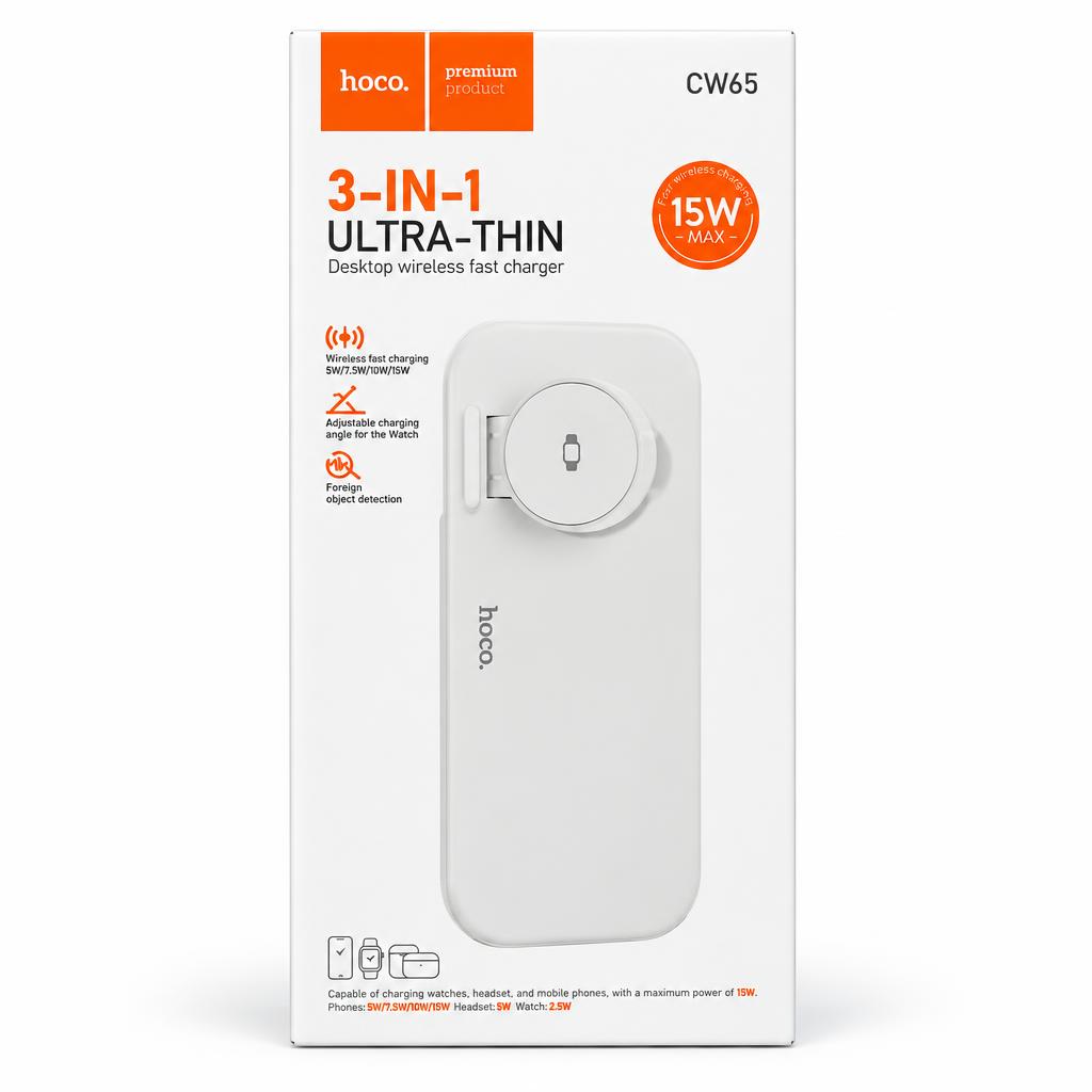 HOCO CW65 3-in-1 Desktop Wireless Charger — chargers & power banks, wholesale case of 20